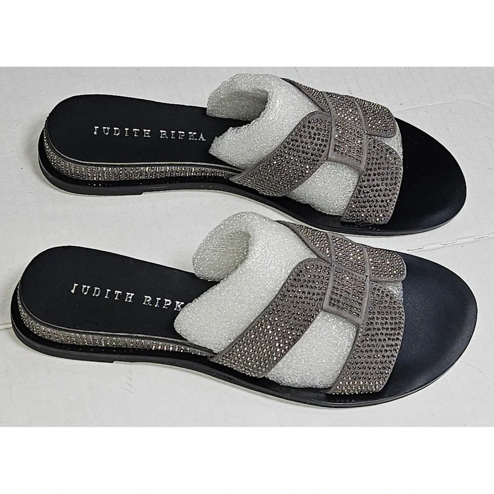 Judith‎ Ripka Sloane Pewter Rhinestone Embellished Slide Sandals A276371 Size 5M